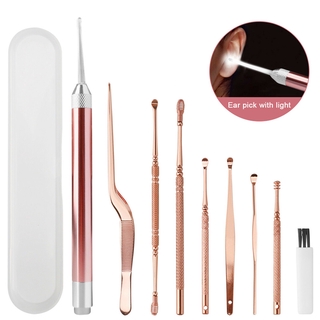 9 ชิ้น Set Men &amp; Women Professional Ear Pick with Light / ชุดถอดขี้หู / ชุดเครื่องมือทำความสะอาดหู / ที่ครอบหู / เครื่องมือถอดหูขี้ผึ้งพร้อมแปรงทำความสะอาดและกล่องเก็บของ / เครื่องมือดูแลสุขภาพส่วนบุคคล