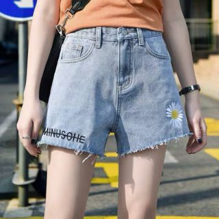 🔥กางเกงยีนขาสั้นเอวสูงปักลายดอกเดซี่🌼