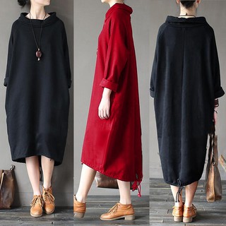 PRETTY Women Turtleneck Long Sleeve Solid Color Warm Sweatshirt Dress