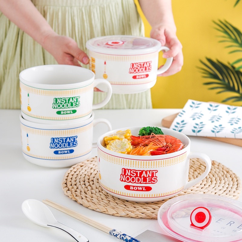 ถ้วยเซรามิก ชาม ลายnoodles มาม่า ถ้วยใส่มาม่าพร้อมฝา เข้าไมโครเวฟได้