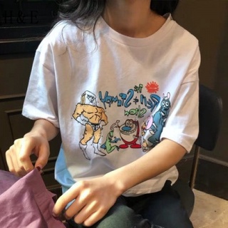 [Spot] 2022 spring and summer new Korean style loose lazy style student casual cartoon printed round neck short sleeve t