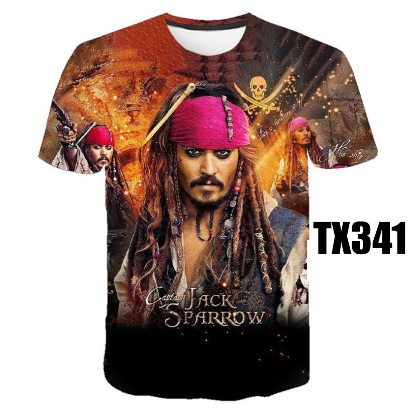 Jack Sparrow Pirates of the Caribbean Captain Jack Sparrow พิมพ์ 3D คอ O เสื้อยืดแขนสั้นสําหรับผู้ชา