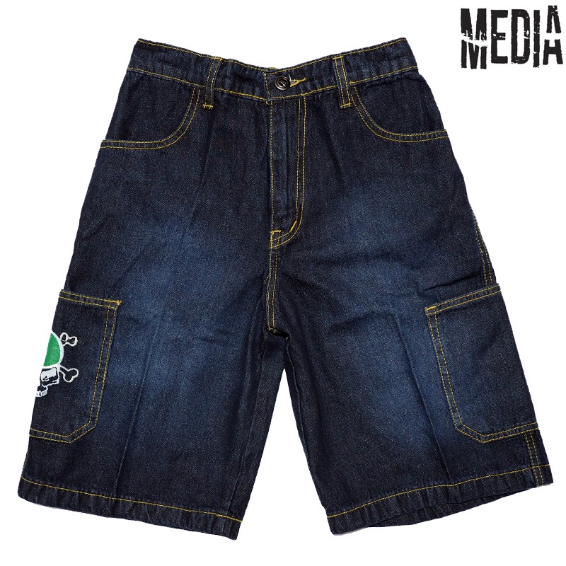 กางเกงยีนส์ ขาสั้นทรงแรปเปอร์ เอวยางยืด เด็กชาย อายุ 8-14 ปี ปักหัวกะโหลก MEDIA JEANS (B203) Blue Denim Jorts Kids Jeans