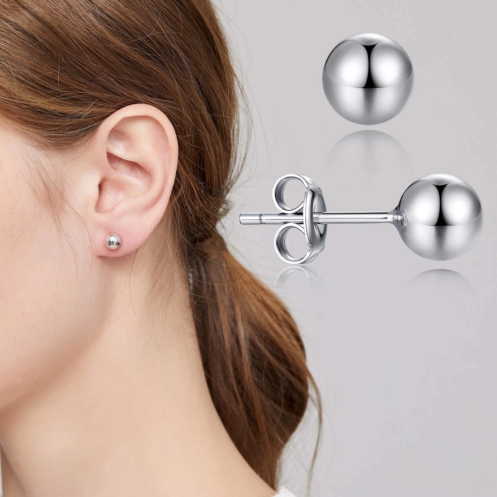 [พร้อมส่ง] ต่างหูเงินแท้925 เม็ดบอล สไตล์มินิมอล Plated Silver ball stud earring (Size 2-10 MM) SILVER THAI