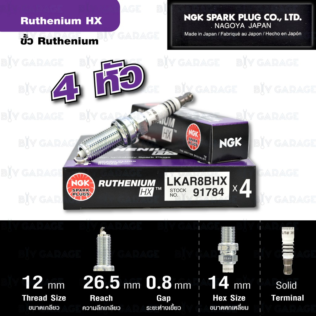 NGK หัวเทียน Ruthenium HX ขั้ว Ruthenium ติดรถ LKAR8BHX 4 หัว ใช้สำหรับรถ Civic FC, FK Turbo 1.5 - Made in Japan