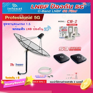 Thaisat C-Band 1.5M (ขางอ 100 cm.Infosat) + Infosat LNB C-Band 5G 2จุด รุ่น CG-2 + PSI S3 HYBRID 2 กล่อง+สายRG6 20 m.x2