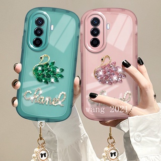 Fashion Casing Huawei Nova Y70 Nova 9 SE 8i Honor 50 Lite เคส Phone Case Elegant Luxurious Rhinestone Swan Pearl Lanyard Lens Protection Solid Color Transparent Soft Case เคสโทรศัพท์