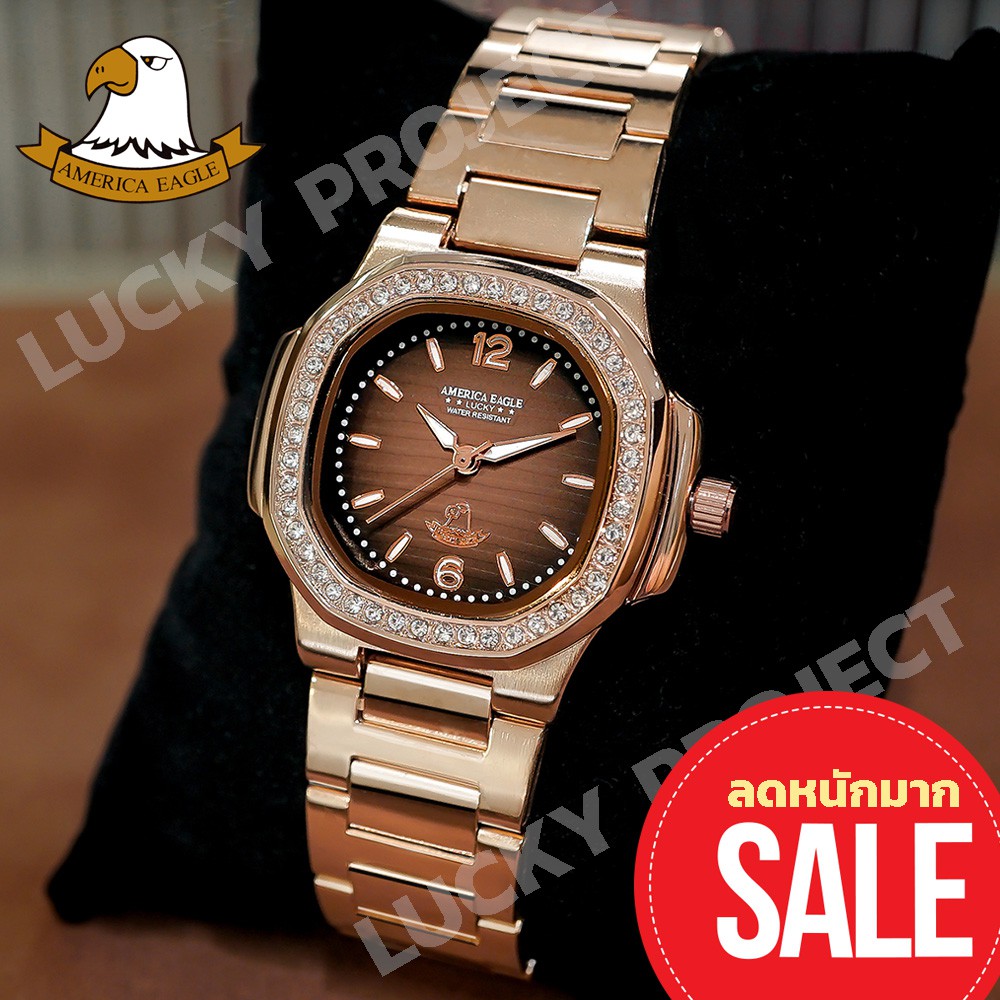 America Eagle นาฬิกาข้อมือผู้หญิง ราคาถูก แถมกล่องนาฬิกา รุ่น 8014L สายพิ้งโกลด์หน้าปัดน้ำตาลขอบเพชร