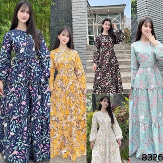 พร้อมส่งจ้า🎉🎉 ชุดเดรสผ้าชีฟองเนื้อทราย พิมพ์​ลายดอกไม้ดอกใหญ่สุดน่ารัก 8326#