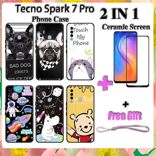 2 IN 1 Tecno Spark 7 Pro เคสโทรศัพท์ พร้อมกระจกนิรภัย เซรามิค ป้องกันหน้าจอ โค้ง ฟิล์มนิรภัย การ์ตูน