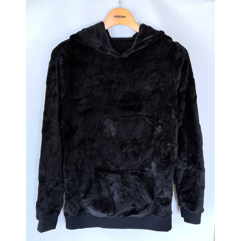 George black fuax fur hooded เสื้อกันหนาวมีฮู้ด แบบสวม ผ้ากำมะหยี่ ขนนุ่ม