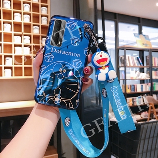 เคส Huawei Y7a 2020 Casing Phone Case With Hand Strap + Neck Strap Cute Doraemon Doll Bracket Cartoon Back Cover For HuaweiY7a