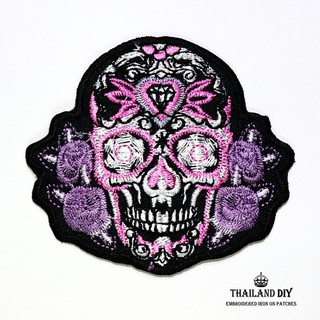 ตัวรีดติดเสื้อ กระโหลกเม็กซิกัน ตัวรีดรอยสักกระโหลก เม็กซิโก สีม่วง Sugar Skull Patch งานปัก DIY ตัวรีด ติดเสื้อ อาร์ม