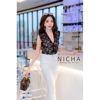 NICHA online🛒 บอดี้สูทแขนกุด ทรงกล้าม ลูกไม้ซ้อนซับ มีฟองน้ำ คอวี รุ่นฮิตติดลมบน