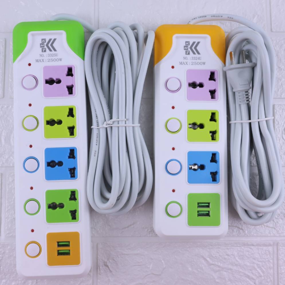 ปลั๊กไฟ 3ช่องUSB 3เมตร/5เมตรเต็ม มีช่องปลั๊กไฟ มีสวิตซ์เปิดปิด (สุ่มสี)