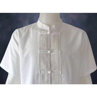 เสื้อผ้าฝ้าย ผ้าพื้นเมือง คอจีน กระดุมจีน เดินเชือก แขนสั้น สีขาวล้วน