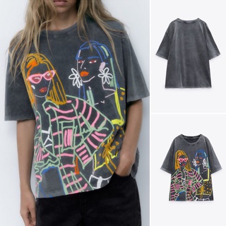 Zara 22 เสื้อยืดลําลอง คอกลม แขนสั้น พิมพ์ลายการ์ตูน ทรงหลวม แฟชั่นฤดูร้อน1131873