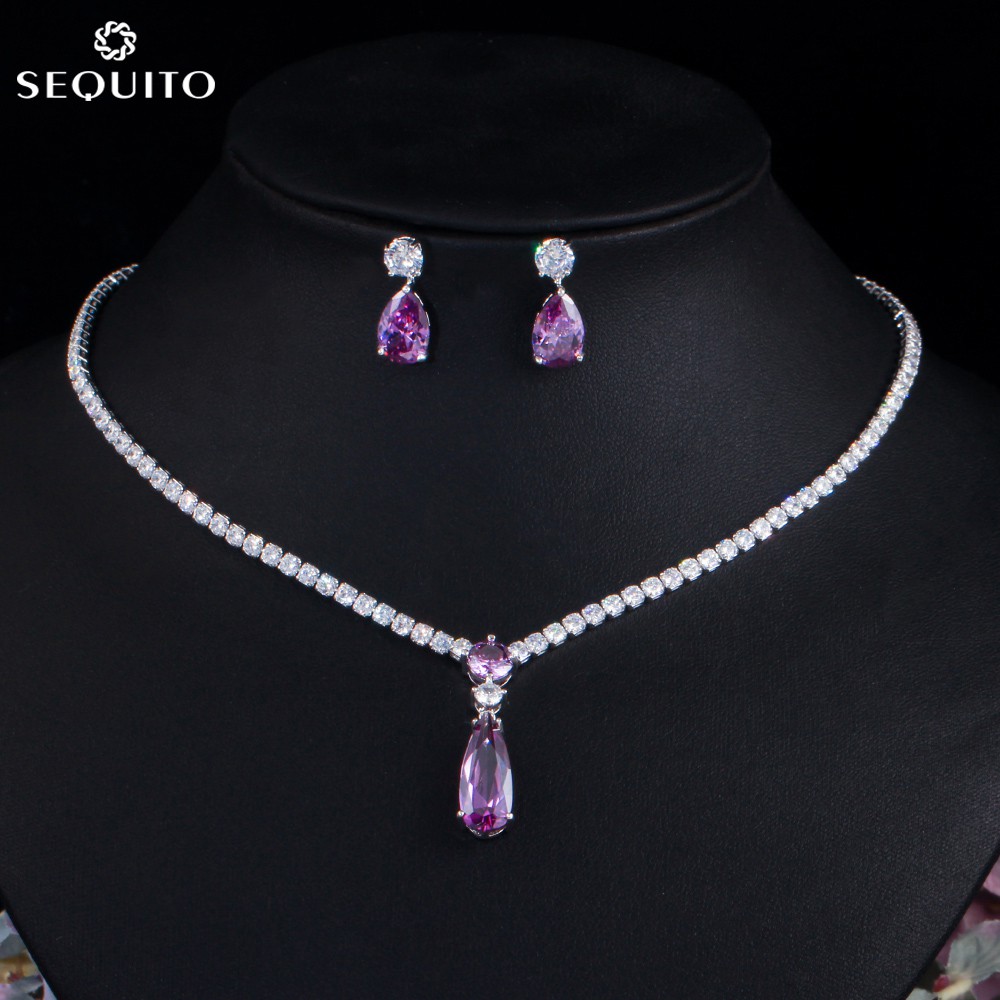 SEQUITO คุณภาพสูงสีขาวสีทองเครื่องประดับงานแต่งงานชุด Amethyst สีม่วง CZ Zircon Drop ต่างหูสร้อยคอชุดสําหรับผู้หญิง JS118
