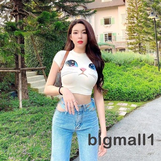 Bigmall- เสื้อครอปท็อปคอกลมแขนสั้นพิมพ์ลายการ์ตูนแมวสําหรับผู้หญิง