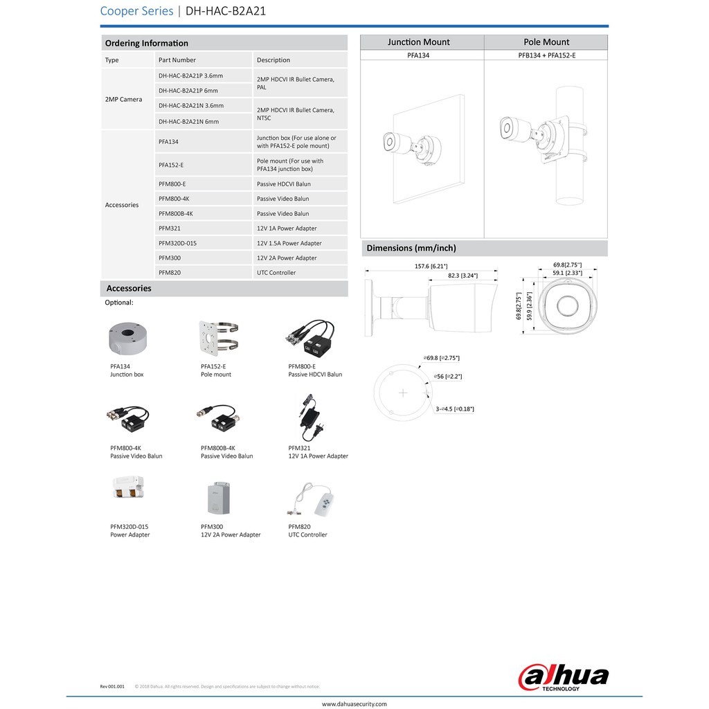 Dahua กล้องวงจรปิด Analog 2MP รุ่น HAC-B2A21 (HAC-B2A21P) เลนส์ 3.6mm จำนวน 4 ตัว