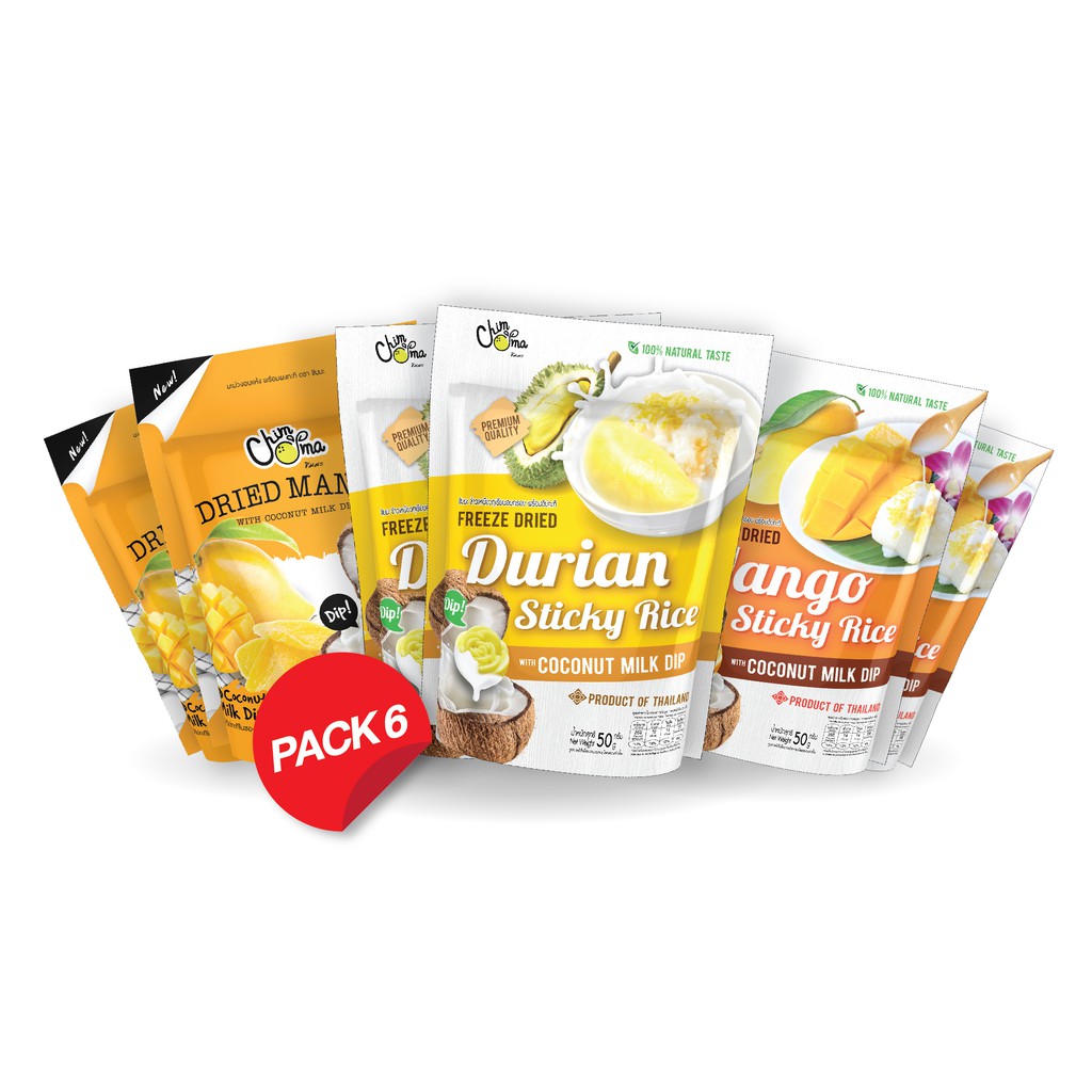 รวมผลไม้อบกรอบ อบแห้ง พร้อมดิปกะทิ (6 ซอง/แพ็ค) / Dried Mango, Freeze Dried Durian, Freeze Dried Man