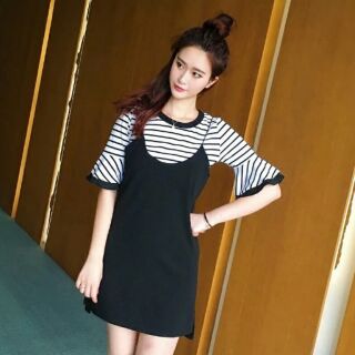 Stripe t-shirt with black mini dress