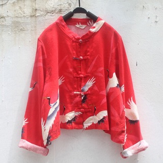 เสื้อผ้าฝ้ายผสมลินินวินเทจแขนยาว สีแดงเข้ม ลายนกกระเรียนชิคๆ ใส่ถ่ายรูปสวยมากๆเลย