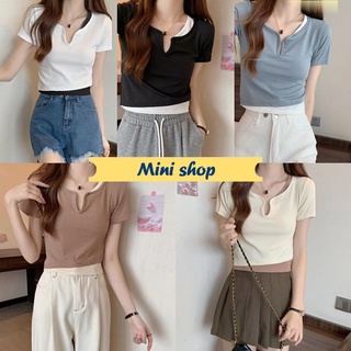 Mini shop🌸พร้อมส่ง🌸(60106)  เสื้อครอปไหมพรมแขนสั้นคอกลมใส่สบายสีพื้น