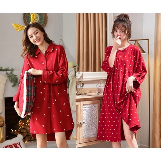 ชุดนอนผ้าฝ้ายสีแดงเกรด A เนื้อหนา สัมผัสผ้านุ่ม ยืดหยุ่น ลายหัวใจ แต่งระบาย