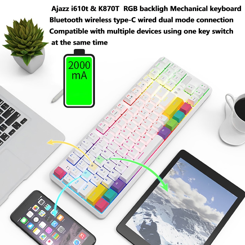 HOTAjazz k870t 87 คีย์ USB โหมดบลูทูธคอมพิวเตอร์ Universal สีขาว RGB สี Backlight คีย์บอร์ดแบบกลไก