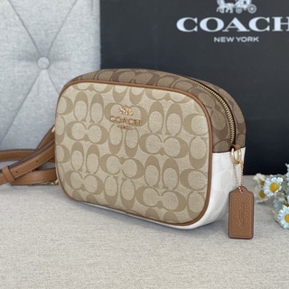 🎀 (สด-ผ่อน) ครอสบอดี้ 2 ซิป สีน้ำตาลลายซี  9 นิ้ว Coach CA172 Coach Jamie Camera Bag In Blocked Signature Canvas