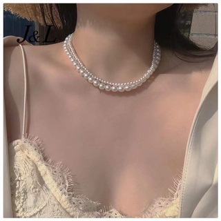 เครื่องประดับแฟชั่นสตรี สร้อยคอโซ่คู่ ประดับมุกเทียม เรียบง่าย