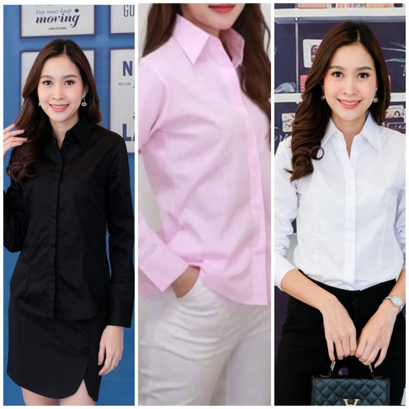เสื้อเชิ้ตหญิง(อ้วน/ผอม)-แขนยาว (โพสนี้ 4 สี ขาว ดำ ชมพู ฟ้า ครบไซส์ 32-56)