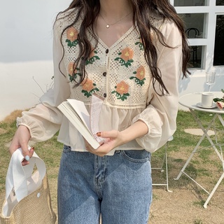 Suxi เสื้อเชิ้ตแขนยาว คอวี ทรงหลวม ลายดอกไม้ แฟชั่นฤดูใบไม้ผลิ สไตล์เกาหลีวินเทจ