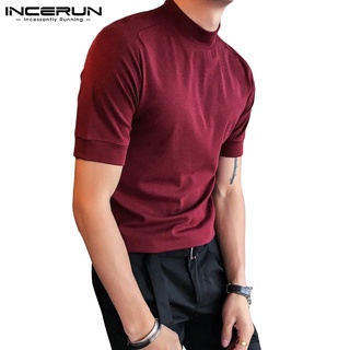 Incerun เสื้อยืดลําลอง แขนสั้น คอปก สีพื้น สไตล์เรียบง่าย สําหรับผู้ชาย