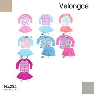 #284 ชุดว่ายน้ำเด็ก SPN 2 ชิ้น แขนยาว คู่กระโปรง เสื้อลายแขนสี คู่กระโปรงสีพื้น พร้อมส่งผ้ากันยูวี