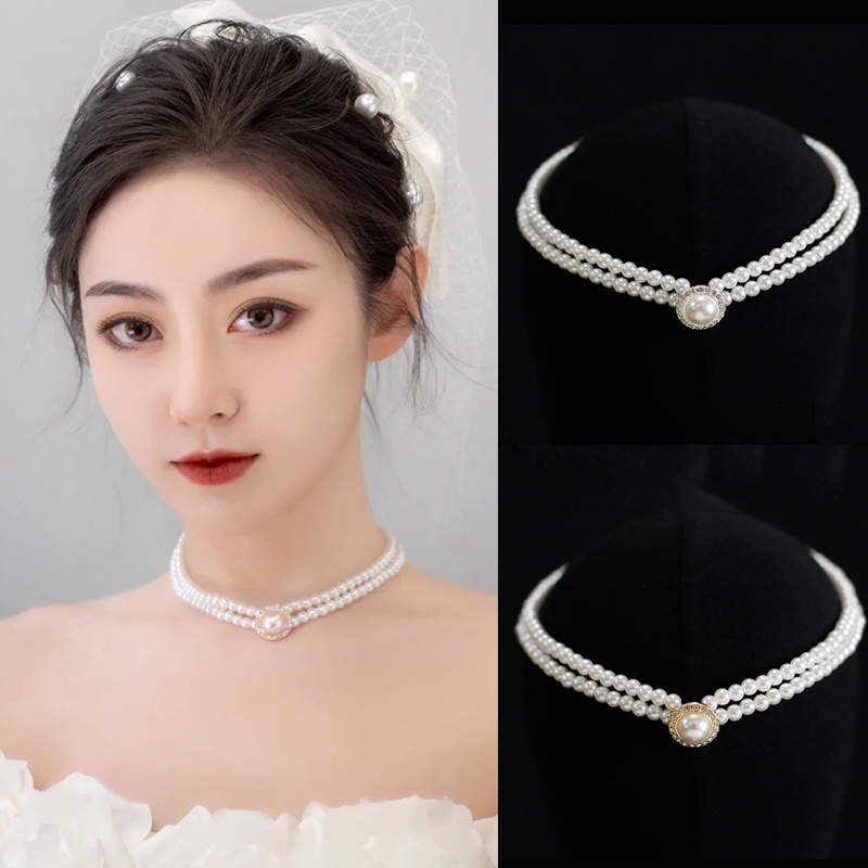 แฟชั่นวินเทจงานแต่งงานสร้อยคอเจ้าสาว Double-layer Pearl Choker เพื่อนเจ้าสาวs Pearl Neck Collar