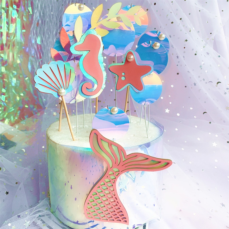 (จุด) เบเกอรี่ตกแต่งเค้ก Ocean Wind Pearl Shell ปลาดาว Seahorse Fishtail ชุดตกแต่งเค้ก