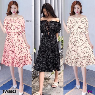 เดรสปาดไหล่ลายดอก ชายระบาย Floral off-shoulder ruffled hem dress MM8902