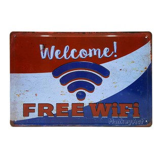 ป้ายสังกะสีวินเทจ Welcome! Free WiFi (ปั๊มนูน)