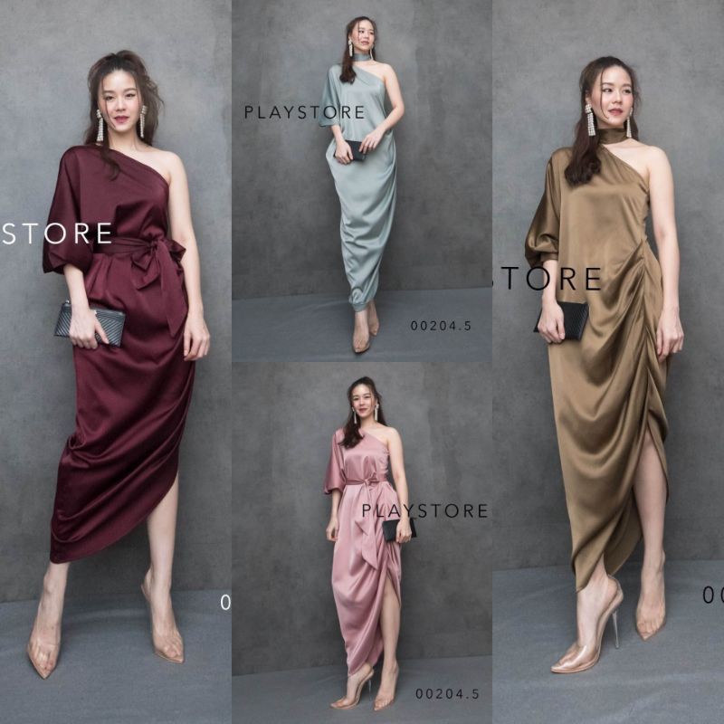 Mirrorsister #00204.5 เดรสทรงเก๋ เดรสซาติน ปาดไหล่ ชุดออกงาน ชุดเพื่อนเจ้าสาว