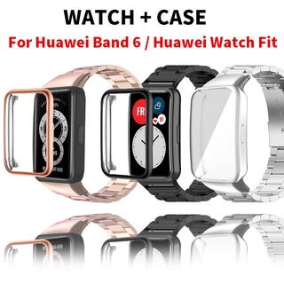 สาย For Huawei Band 6/honor band 6 Metal Stainless Steel สายนาฬิกา with นุ่ม เคส For Huawei Watch Fit าข้อมือ สาย เคสซิลิโคน