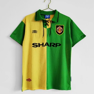 เสื้อกีฬาแขนสั้น ลายทีมชาติฟุตบอล Manchester United 1992-94 ชุดเยือน สีเหลือง เขียว สไตล์เรโทร