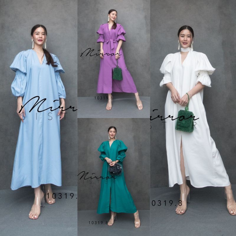 🏷️Mirrorsister #10319.8 แมกซี่เดรสคอวี เดรสแขนพอง ตัวยาว ชุดออกงาน ชุดเรียบหรู ไปงานแต่ง ไปเที่ยว