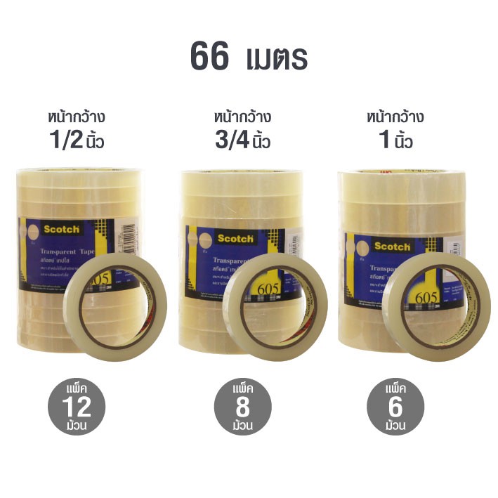 เทปใส 3M หน้ากว้าง 1/2, 3/4, 1" // ยาว 66 เมตร รุ่น 605 (แพ็ค)