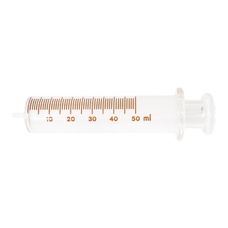 หลอดฉีดยาแก้ว ขนาด 50 ml. ปลายฉีดทำจากแก้ว (Glass Syringes Tips) กระบอกสูบชนิดขุ่น (Grounded Barrel)