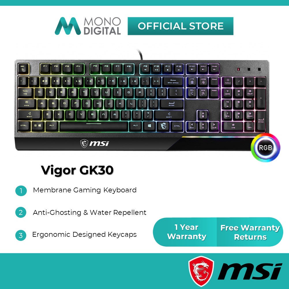 MSI VIGOR GK30 / GK30 COMBO Gaming Keyboard & Mouse พร้อมไฟ RGB, Mech.Membrane, เครื่องไล่น้ํา, Anti