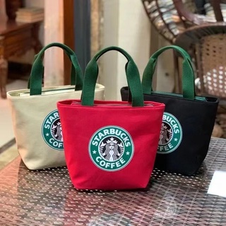 Starbucks ใหม่ กระเป๋าถือ กระเป๋าใส่กล่องอาหารกลางวัน ผ้าแคนวาส แบบหนา แบบพกพา สําหรับคุณแม่