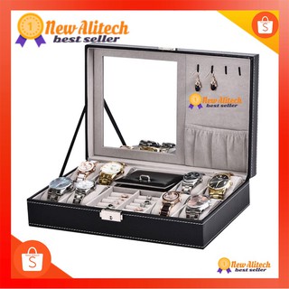 New Alitech C08 กล่องใส่นาฬิกาและเครื่องประดับมีกระจกหนัง PU Leather Home Display Watch Box