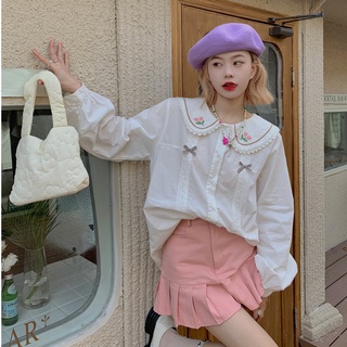 MUKOK เสื้อเชิ้ตแขนยาว ปักลายน่ารัก สีขาว แฟชั่นฤดูใบไม้ผลิ สําหรับผู้หญิง